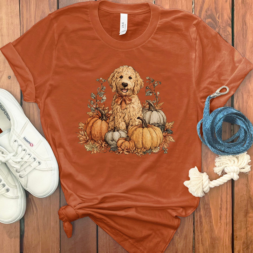 Golden Goldendoodle Pumpkin Time T-Shirt in Autumn / S by Puppy Jo