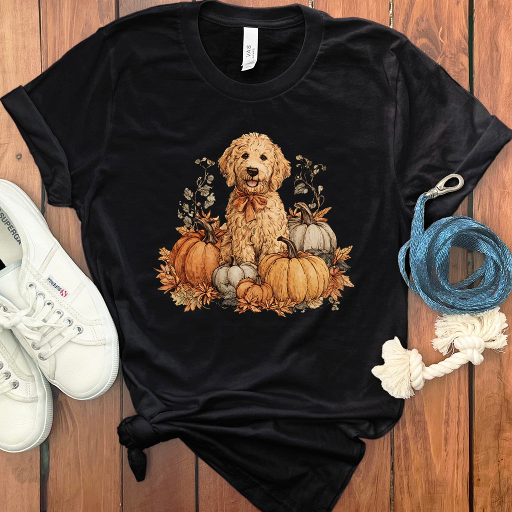 Golden Goldendoodle Pumpkin Time T-Shirt in Black / S by Puppy Jo