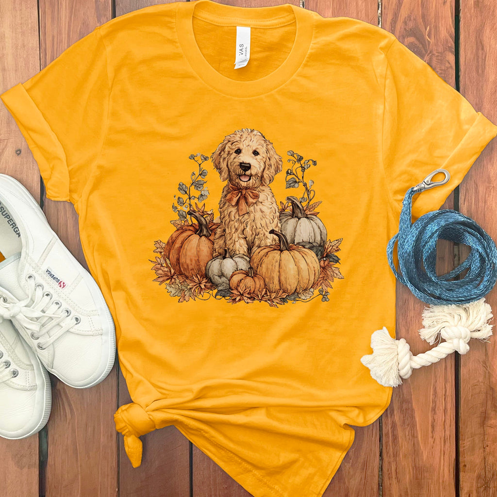 Golden Goldendoodle Pumpkin Time T-Shirt in Gold / S by Puppy Jo