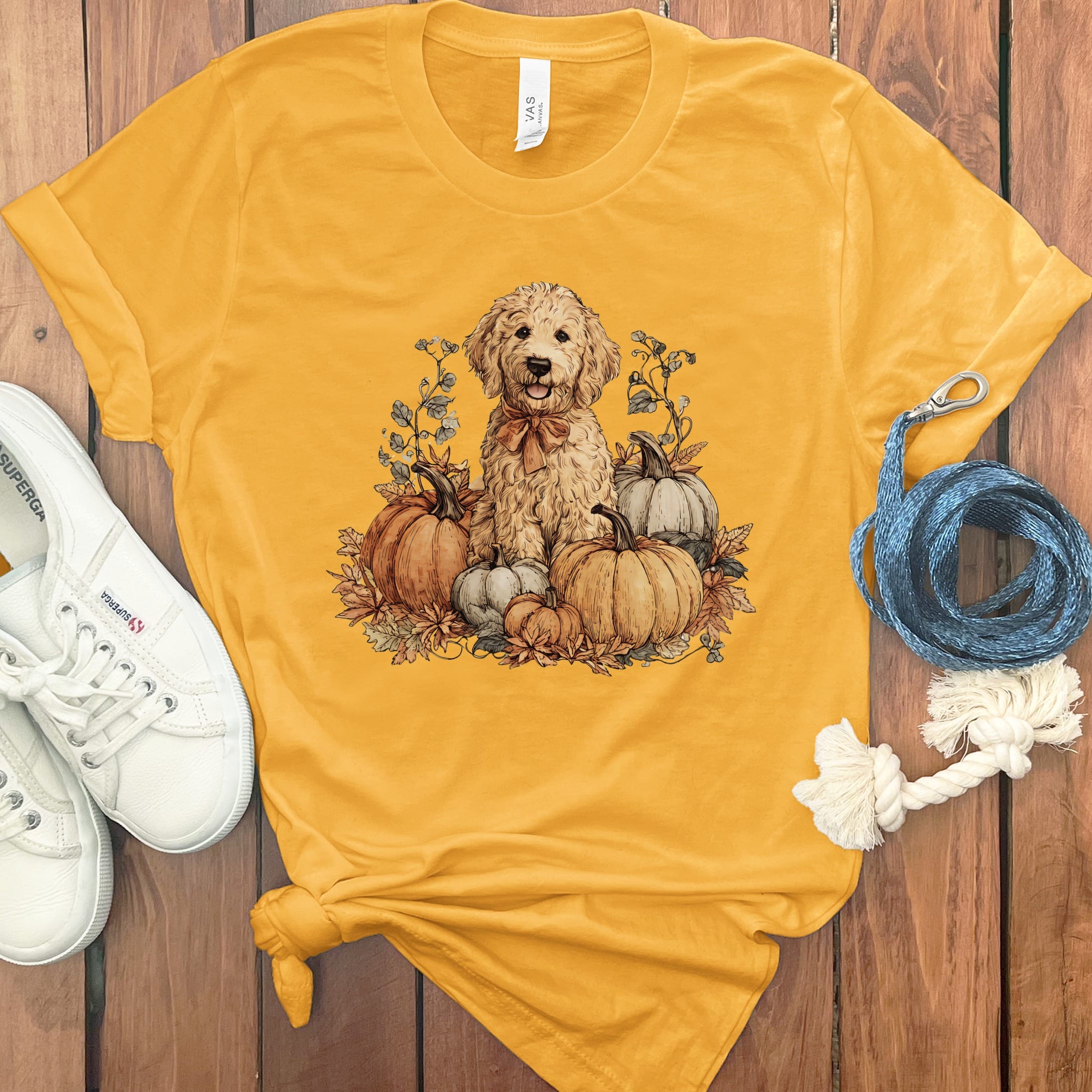 Golden Goldendoodle Pumpkin Time T-Shirt in Gold / S by Puppy Jo