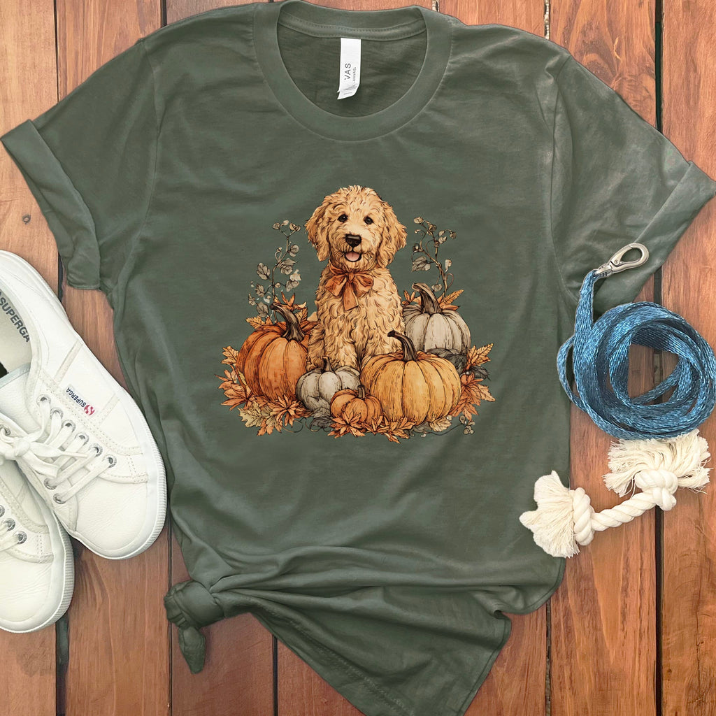 Golden Goldendoodle Pumpkin Time T-Shirt in Military Green / S by Puppy Jo