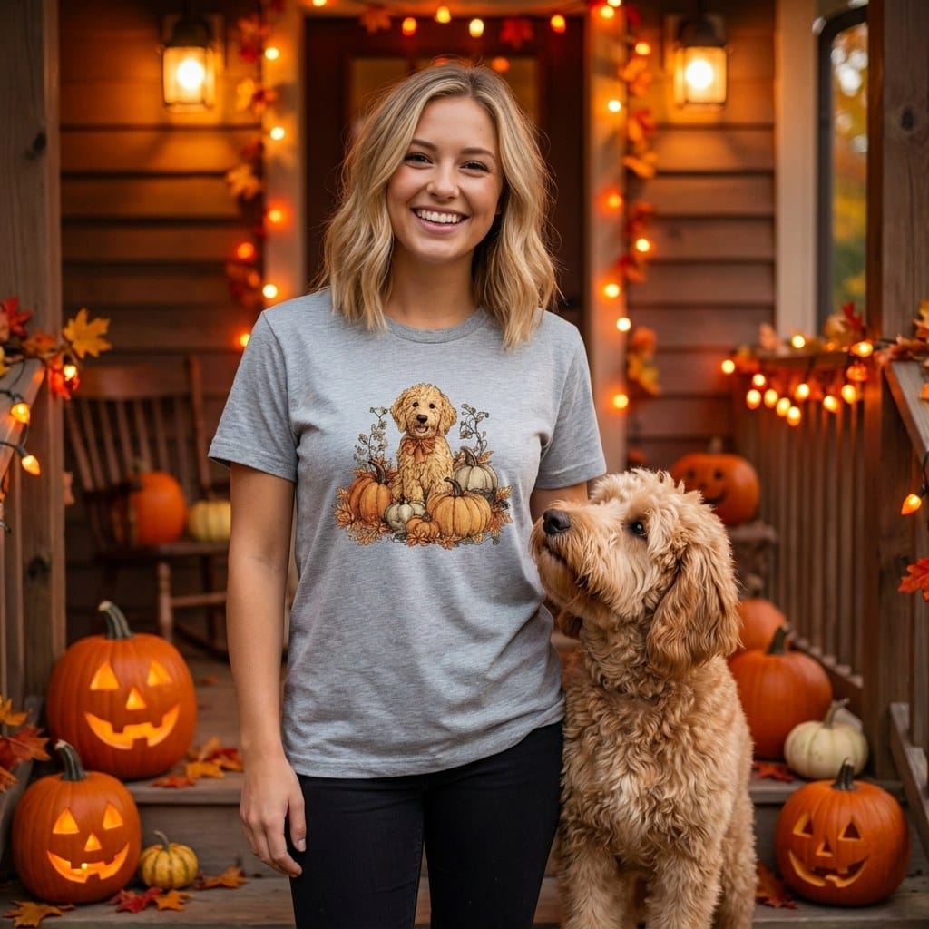 Golden Goldendoodle Pumpkin Time T-Shirt in by Puppy Jo