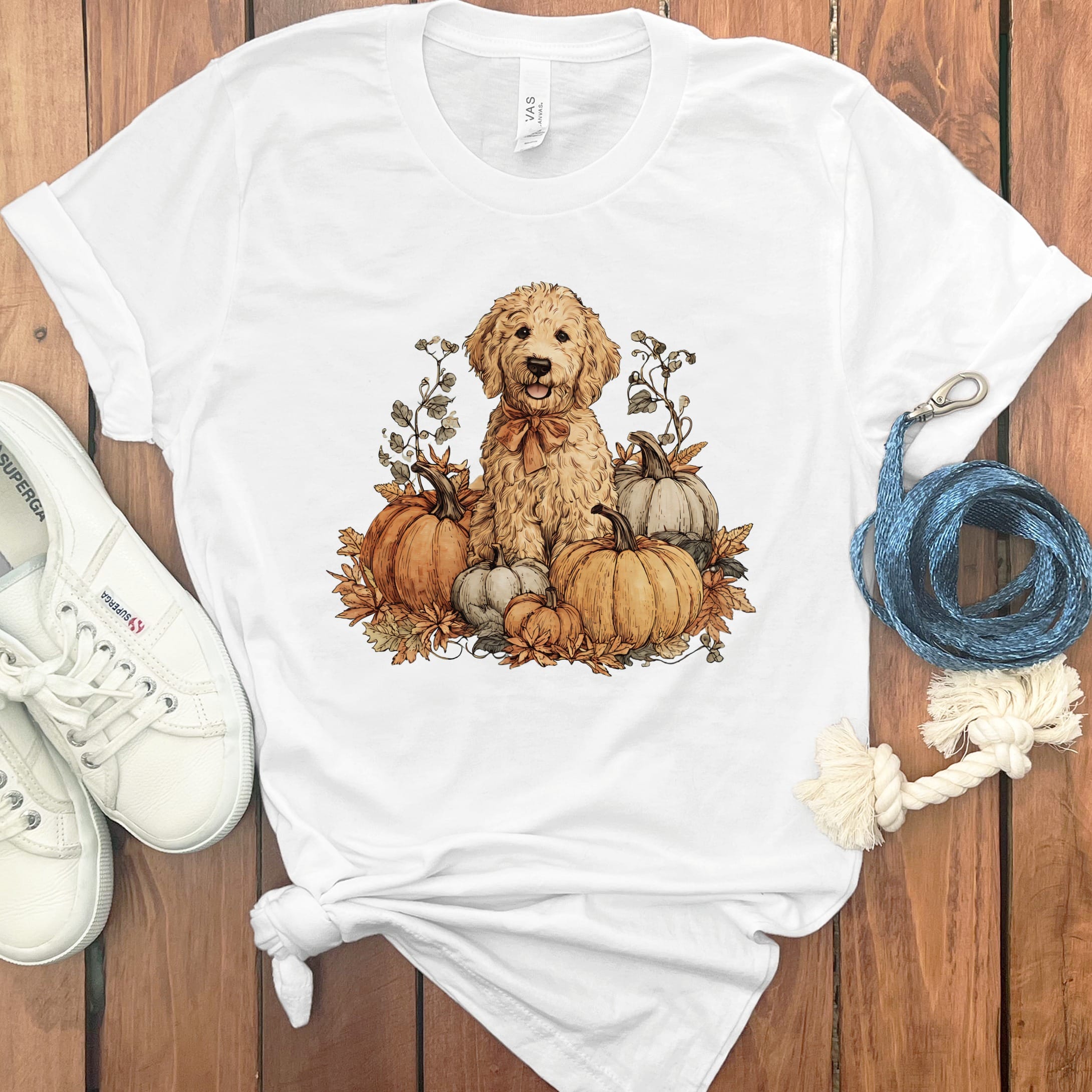 Golden Goldendoodle Pumpkin Time T-Shirt in White / S by Puppy Jo