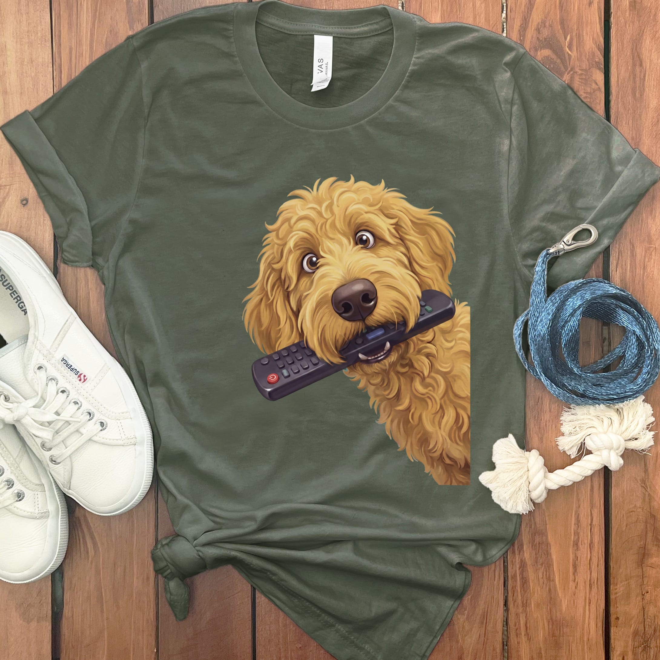 Golden Goldendoodle Remote T-Shirt in Military Green / S by Puppy Jo