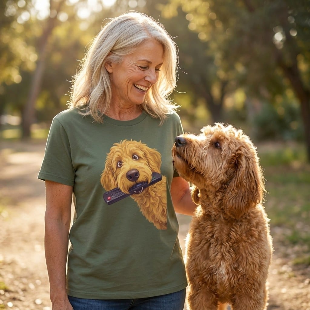 Golden Goldendoodle Remote T-Shirt in by Puppy Jo