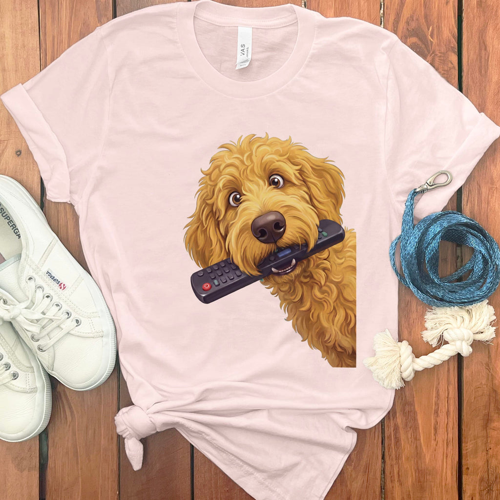 Golden Goldendoodle Remote T-Shirt in Soft Pink / S by Puppy Jo