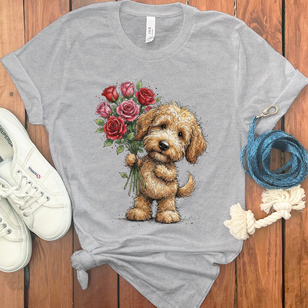 Golden Goldendoodle Roses T-Shirt in Athletic Heather / M by Puppy Jo