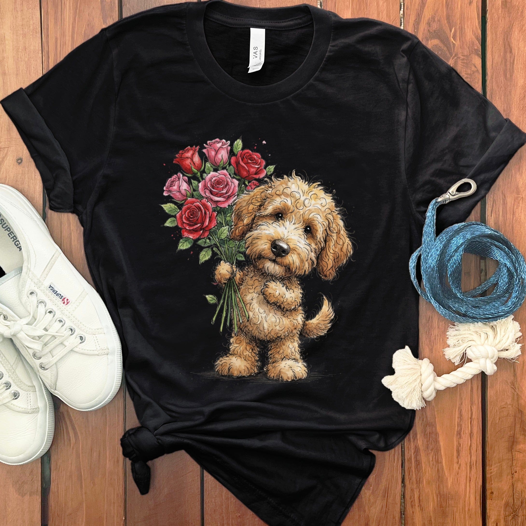 Golden Goldendoodle Roses T-Shirt in Black / M by Puppy Jo