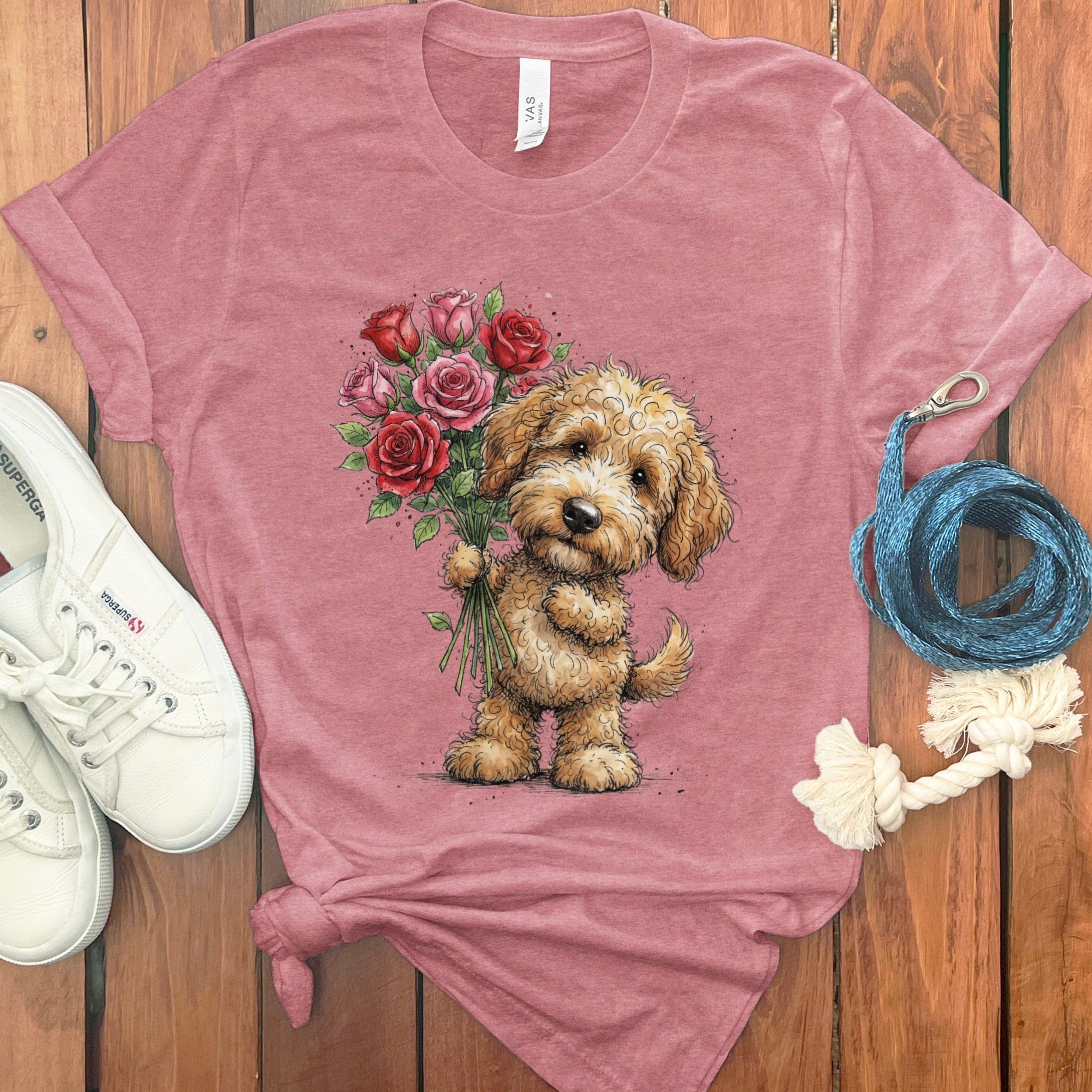 Golden Goldendoodle Roses T-Shirt in Heather Mauve / M by Puppy Jo