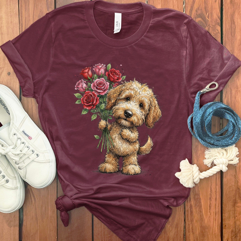 Golden Goldendoodle Roses T-Shirt in Maroon / M by Puppy Jo