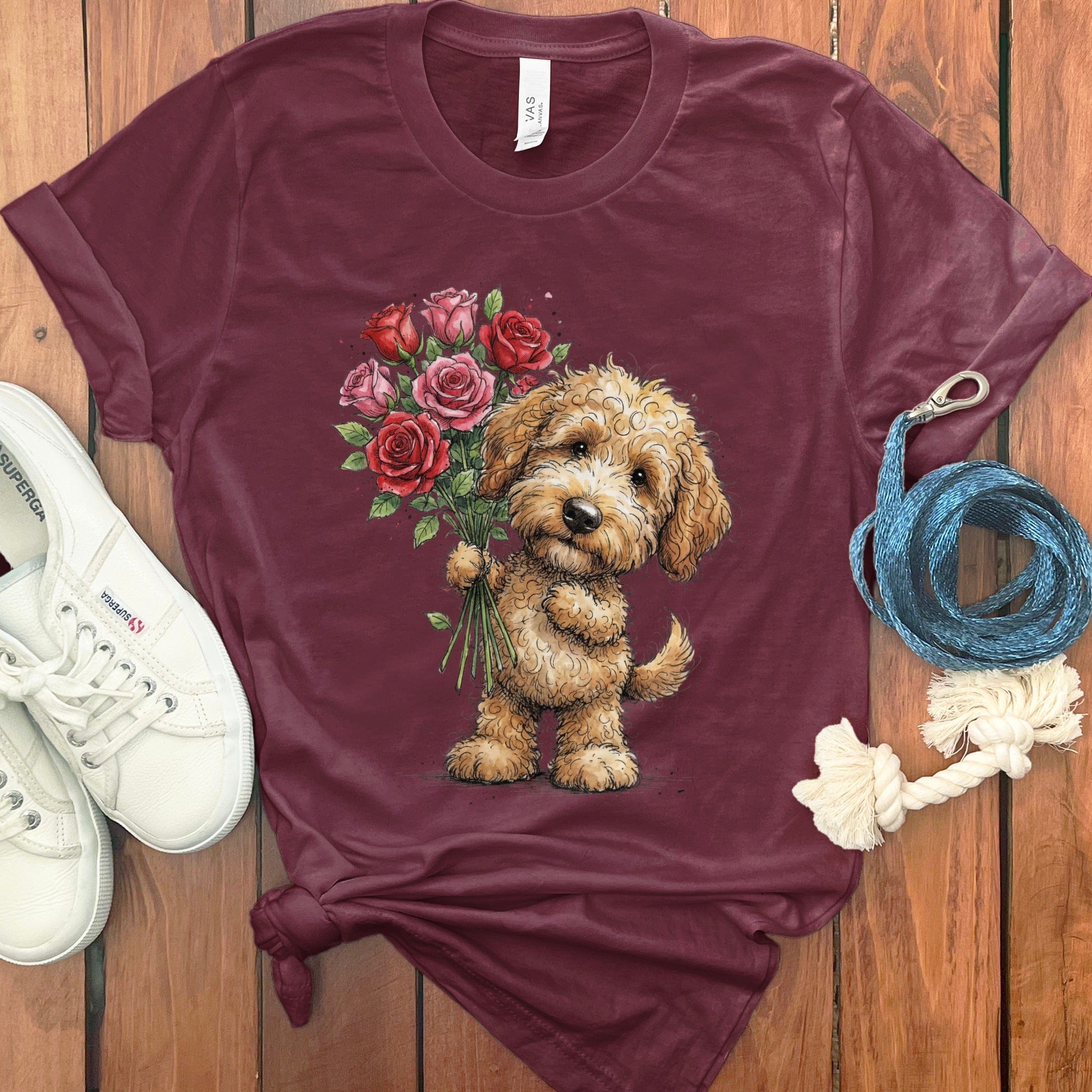 Golden Goldendoodle Roses T-Shirt in Maroon / M by Puppy Jo