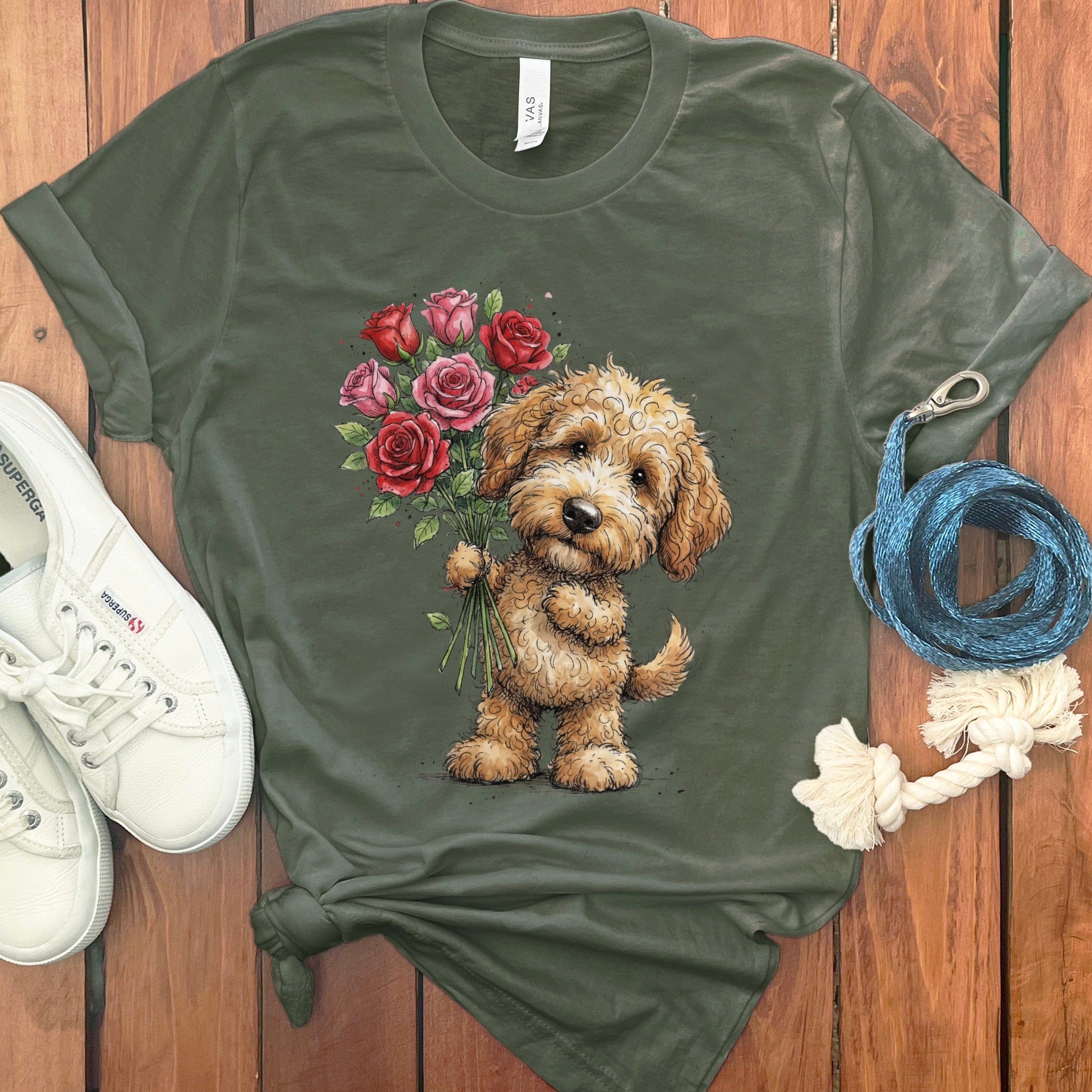 Golden Goldendoodle Roses T-Shirt in Military Green / M by Puppy Jo