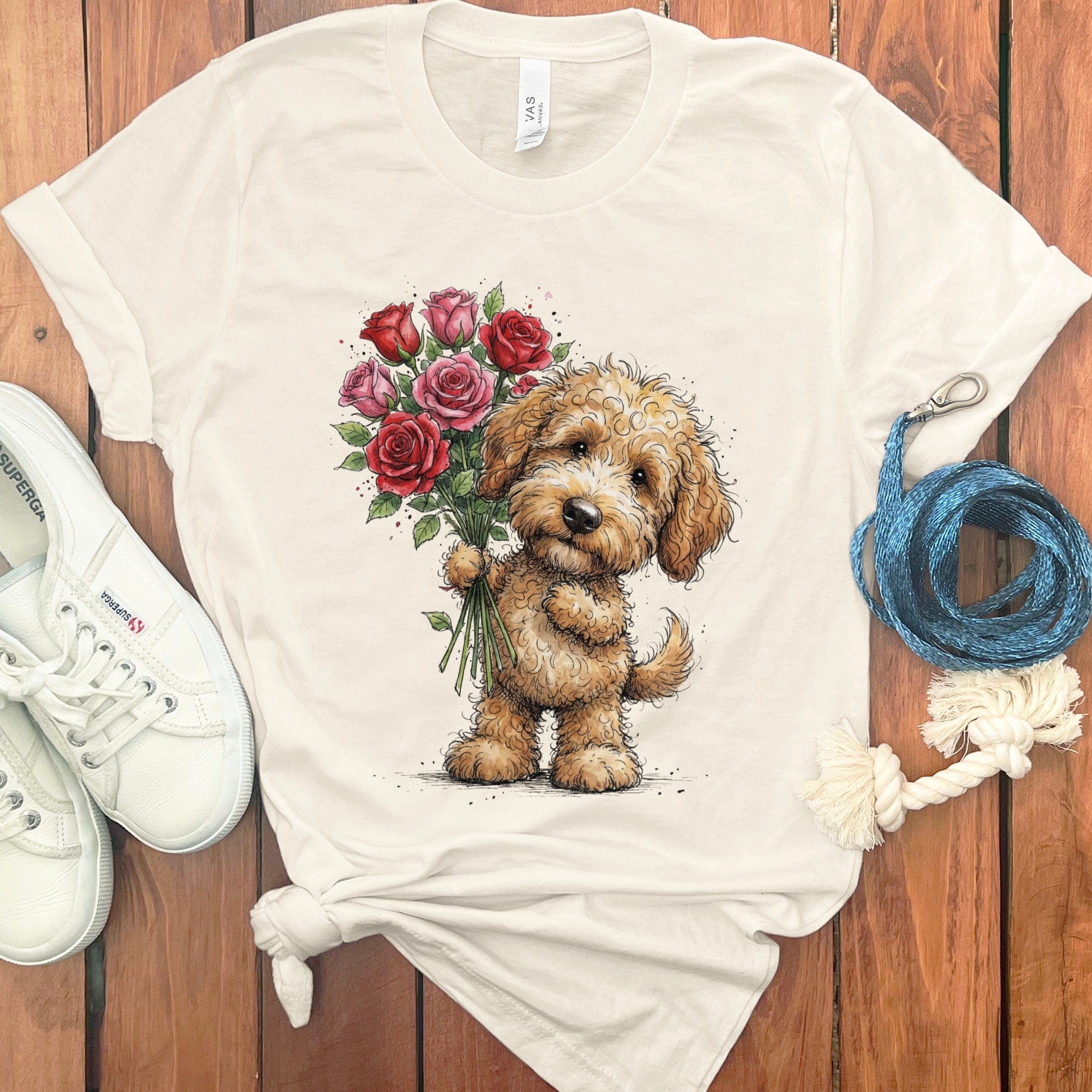 Golden Goldendoodle Roses T-Shirt in Natural / M by Puppy Jo