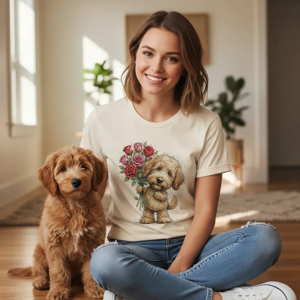 Golden Goldendoodle Roses T-Shirt in by Puppy Jo