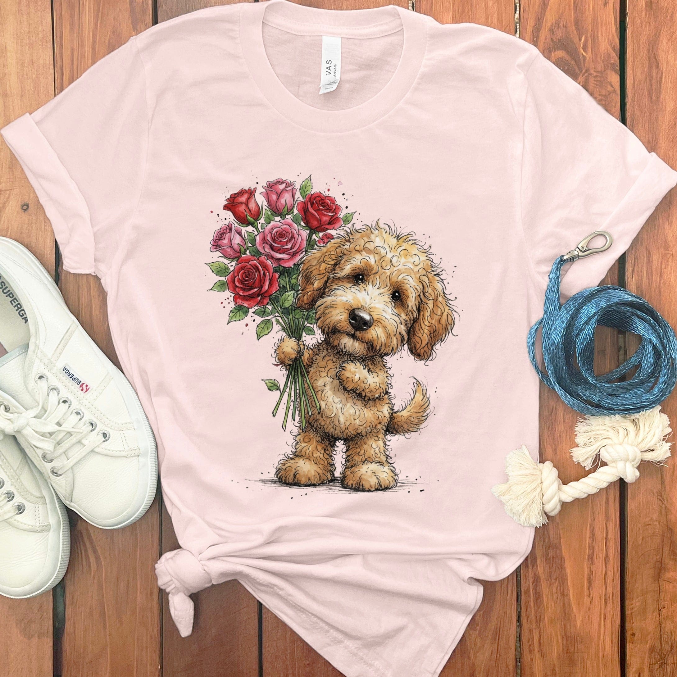 Golden Goldendoodle Roses T-Shirt in Soft Pink / M by Puppy Jo