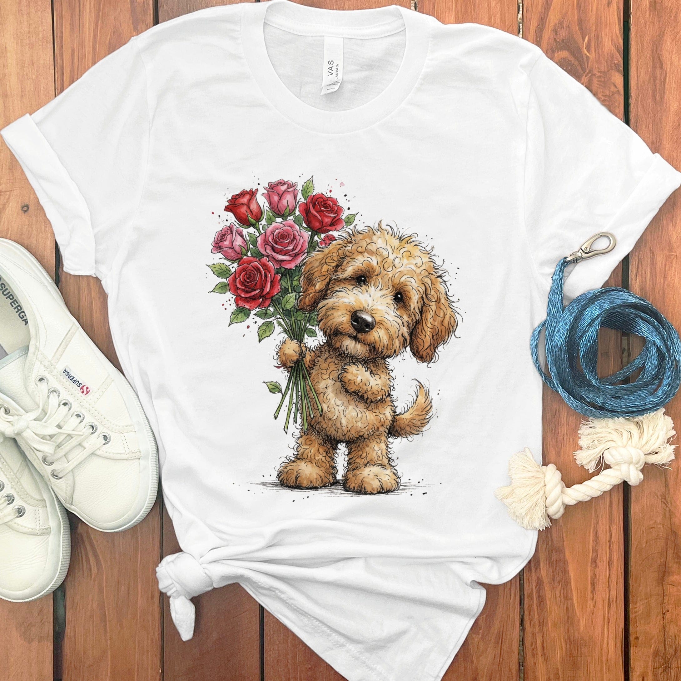 Golden Goldendoodle Roses T-Shirt in White / M by Puppy Jo