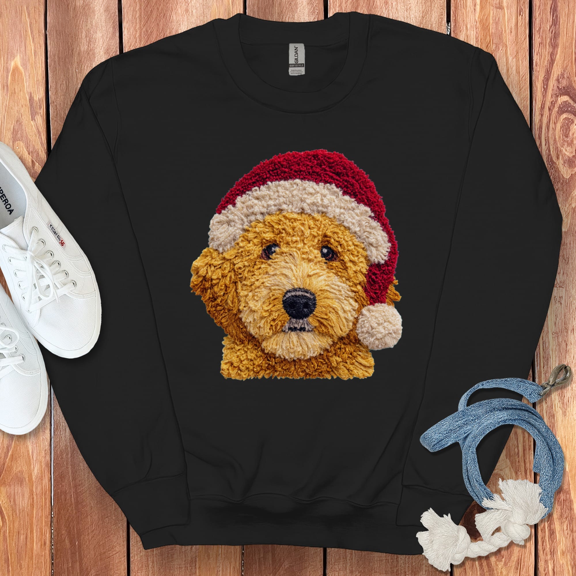 Golden Goldendoodle Santa Faux Yarn Sweatshirt in Black / S by Puppy Jo