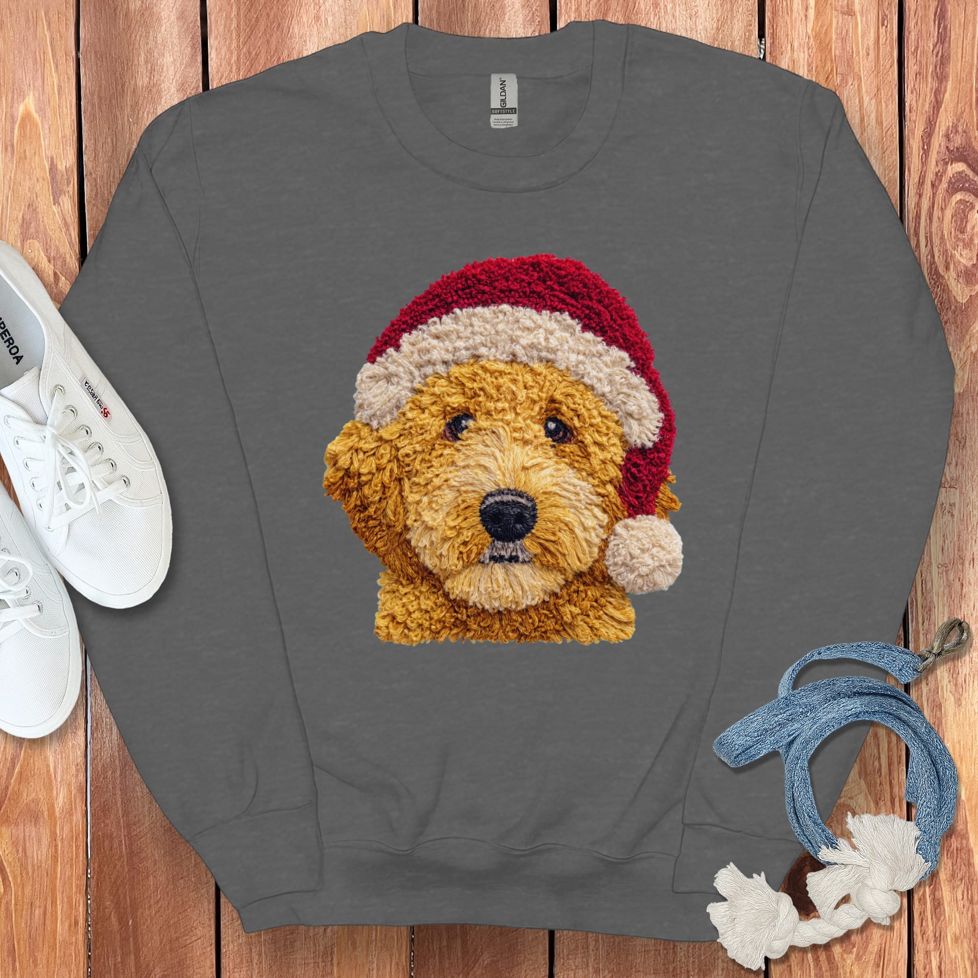 Golden Goldendoodle Santa Faux Yarn Sweatshirt in Dark Heather / S by Puppy Jo