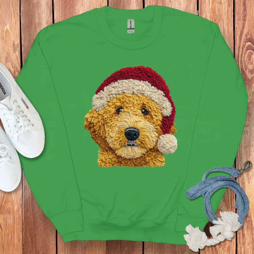 Golden Goldendoodle Santa Faux Yarn Sweatshirt in Irish Green / S by Puppy Jo