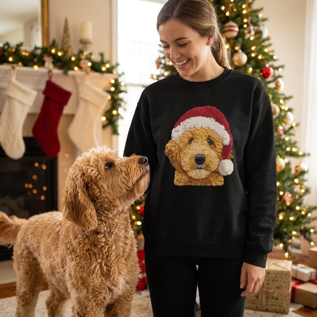 Golden Goldendoodle Santa Faux Yarn Sweatshirt in by Puppy Jo