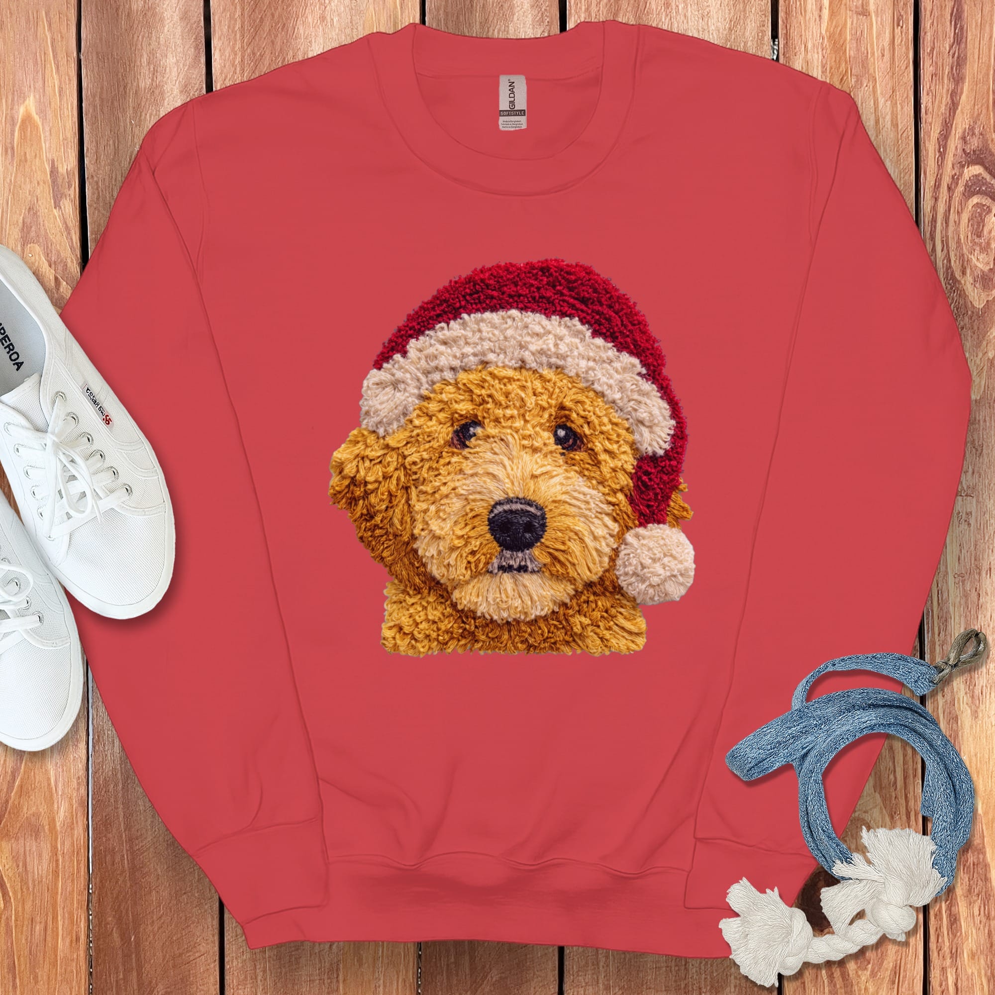 Golden Goldendoodle Santa Faux Yarn Sweatshirt in Red / S by Puppy Jo