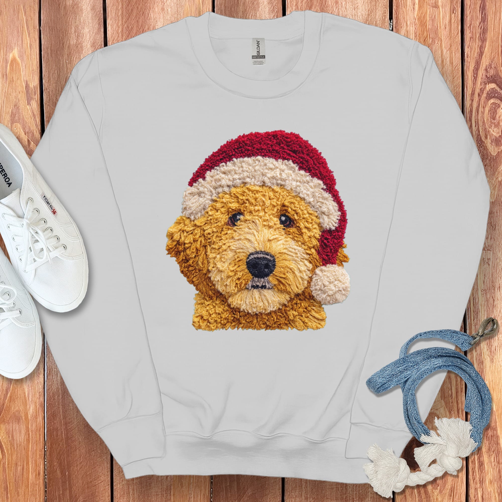 Golden Goldendoodle Santa Faux Yarn Sweatshirt in Sport Grey / S by Puppy Jo