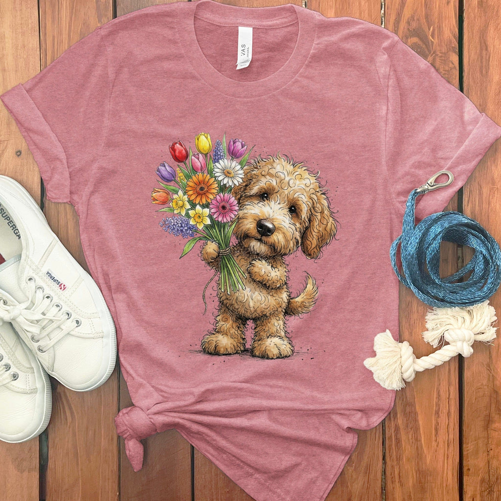Golden Goldendoodle Spring T-Shirt in Heather Mauve / M by Puppy Jo