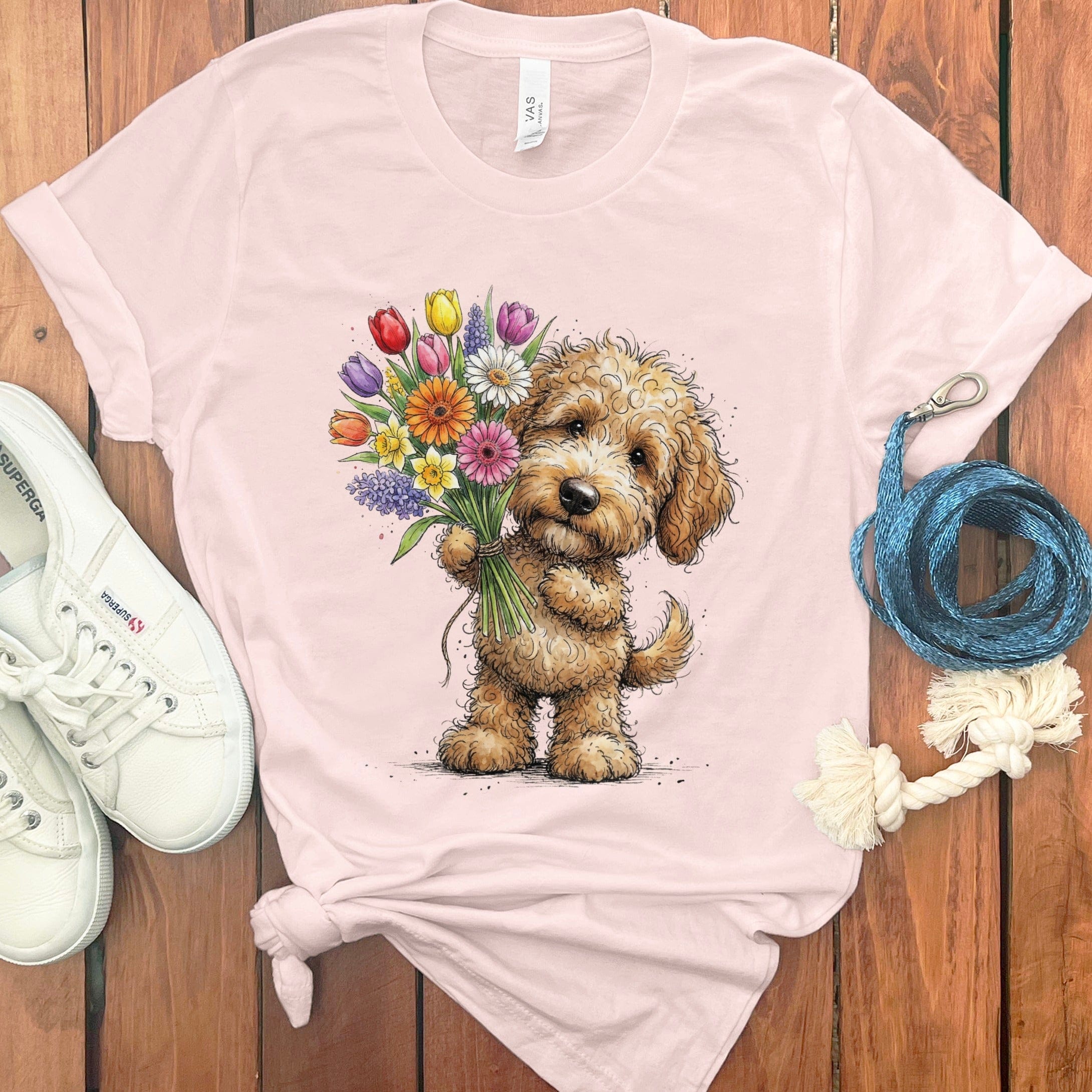 Golden Goldendoodle Spring T-Shirt in Soft Pink / M by Puppy Jo