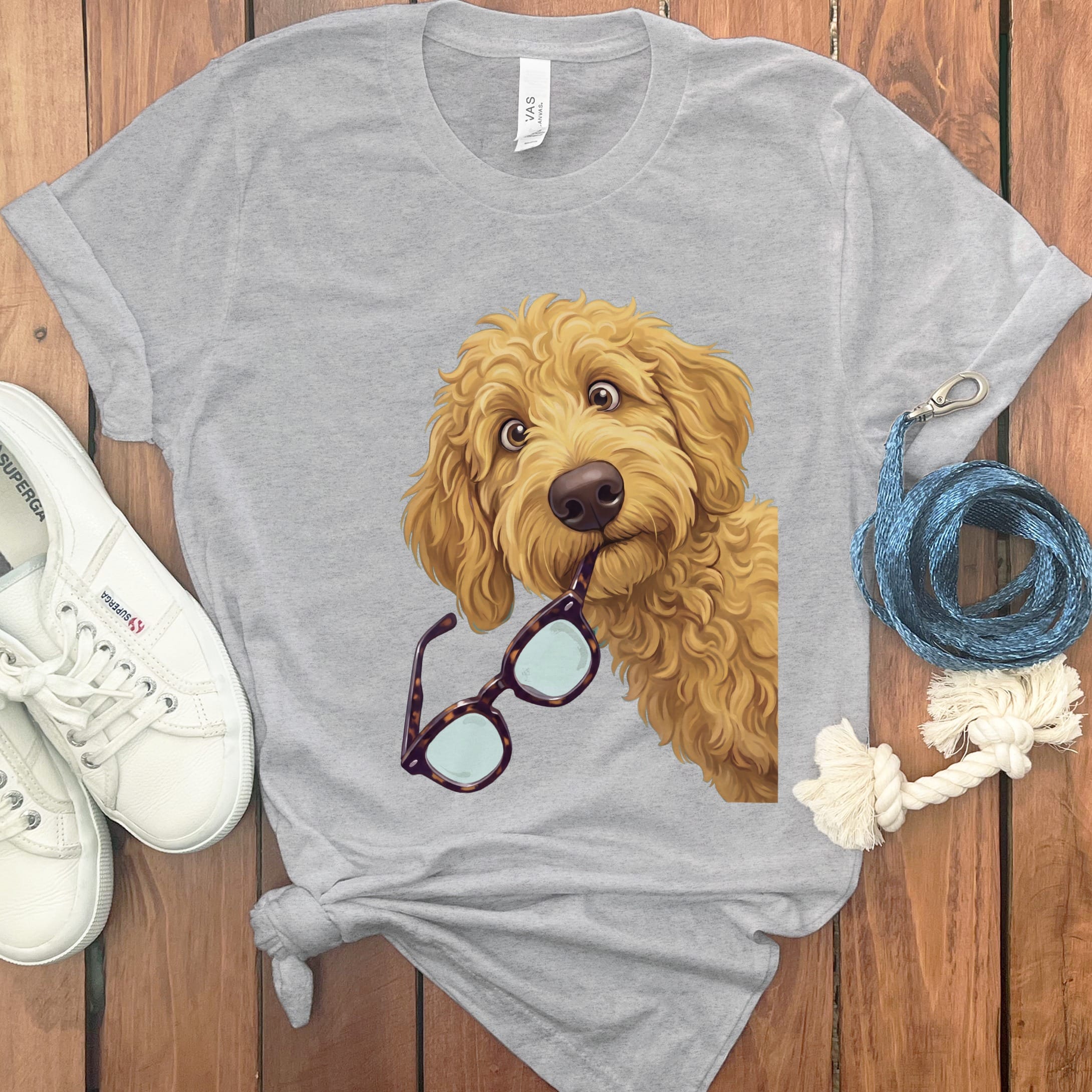 Golden Goldendoodle Stolen Glasses T-Shirt in Athletic Heather / S by Puppy Jo