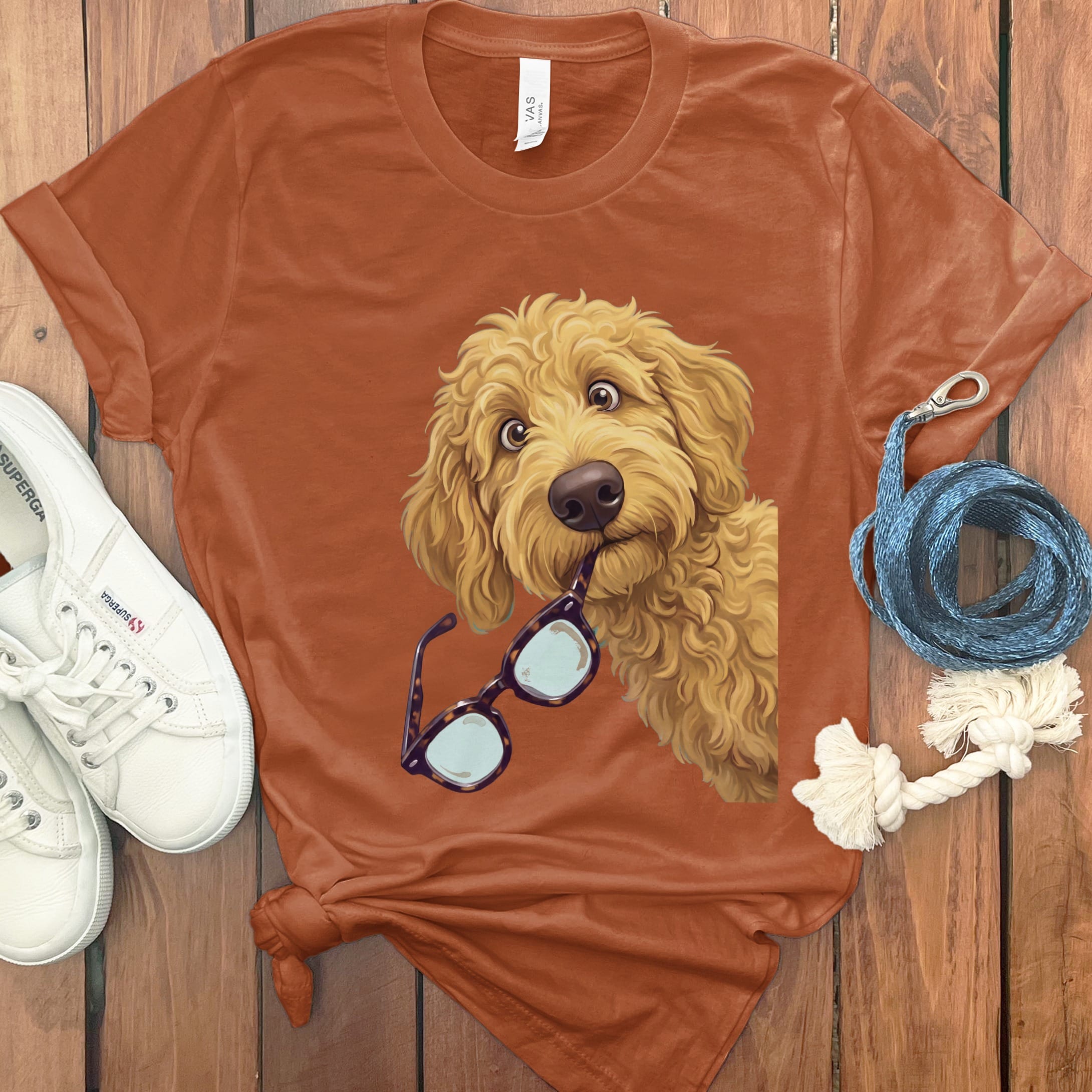 Golden Goldendoodle Stolen Glasses T-Shirt in Autumn / S by Puppy Jo