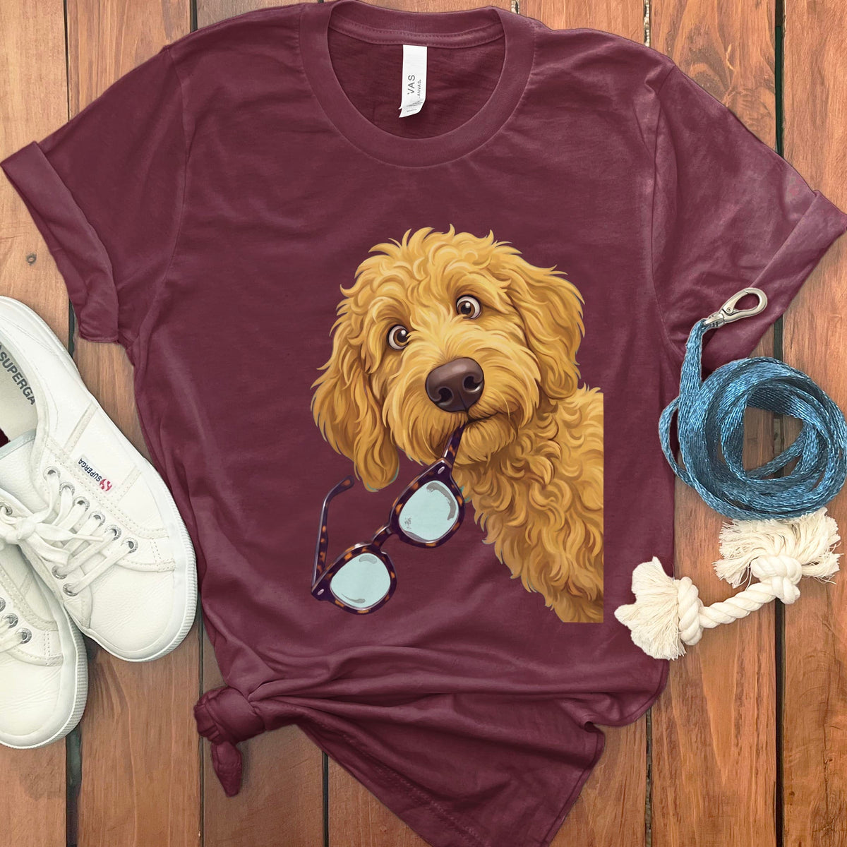 Golden Goldendoodle Stolen Glasses T-Shirt in Maroon / S by Puppy Jo