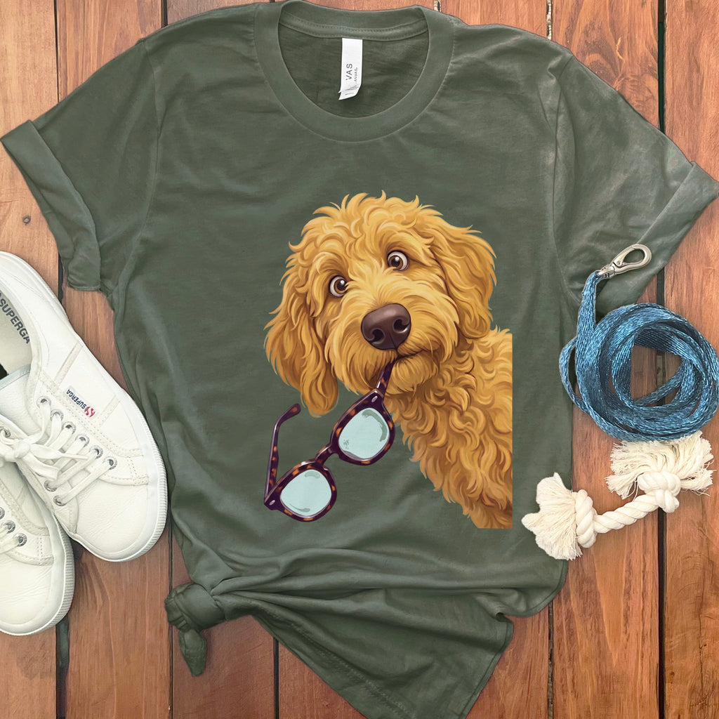 Golden Goldendoodle Stolen Glasses T-Shirt in Military Green / S by Puppy Jo