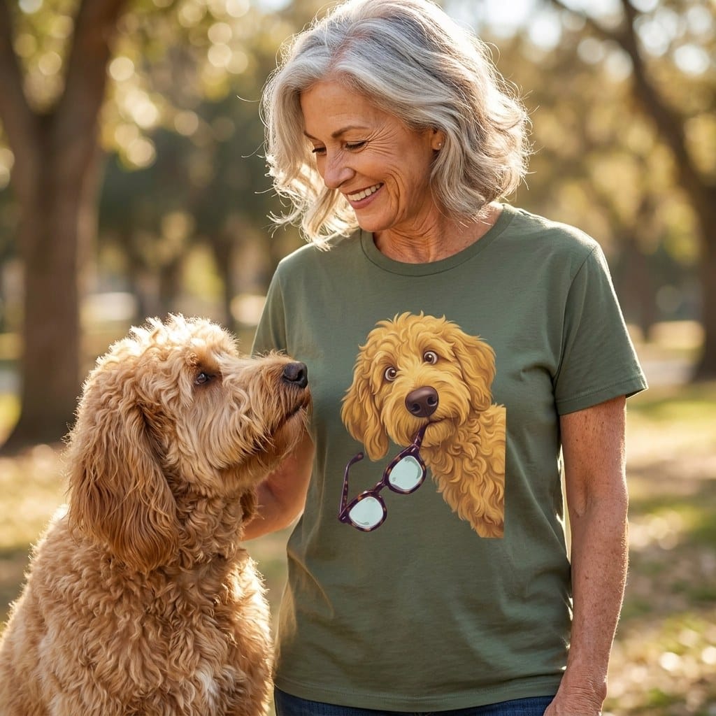 Golden Goldendoodle Stolen Glasses T-Shirt in by Puppy Jo
