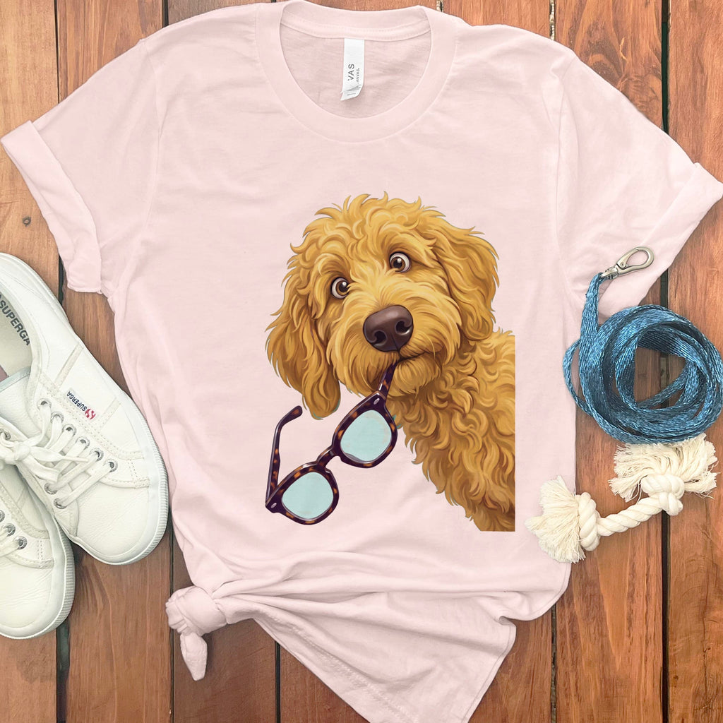 Golden Goldendoodle Stolen Glasses T-Shirt in Soft Pink / S by Puppy Jo
