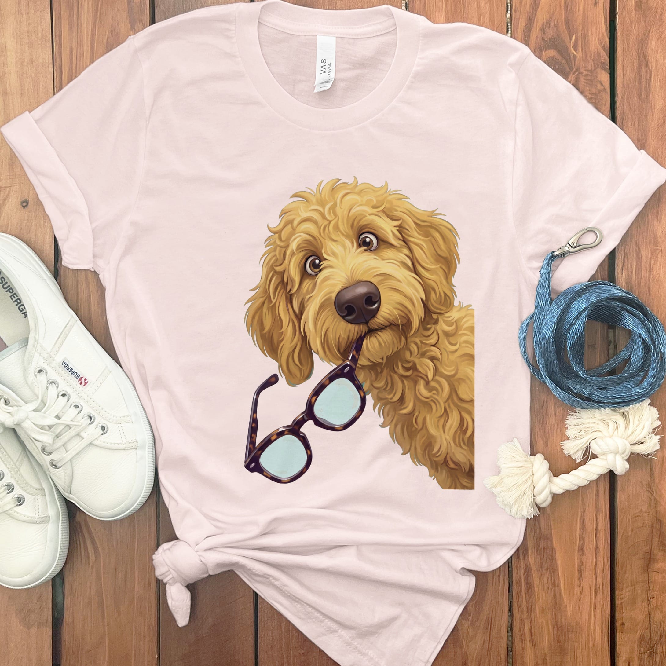 Golden Goldendoodle Stolen Glasses T-Shirt in Soft Pink / S by Puppy Jo