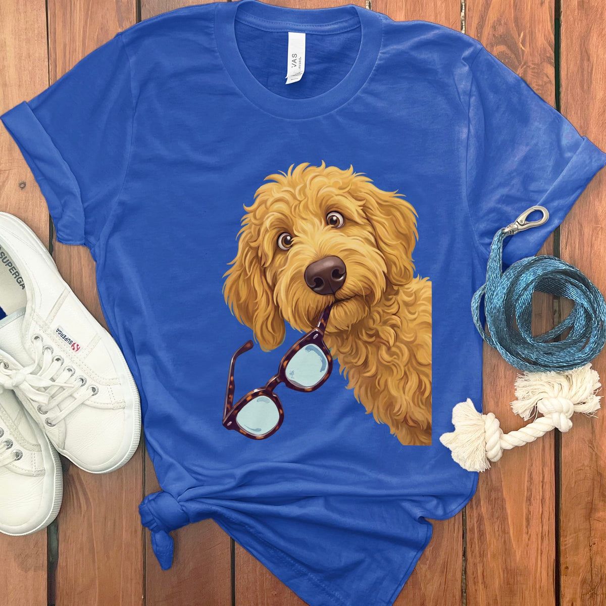 Golden Goldendoodle Stolen Glasses T-Shirt in True Royal / S by Puppy Jo