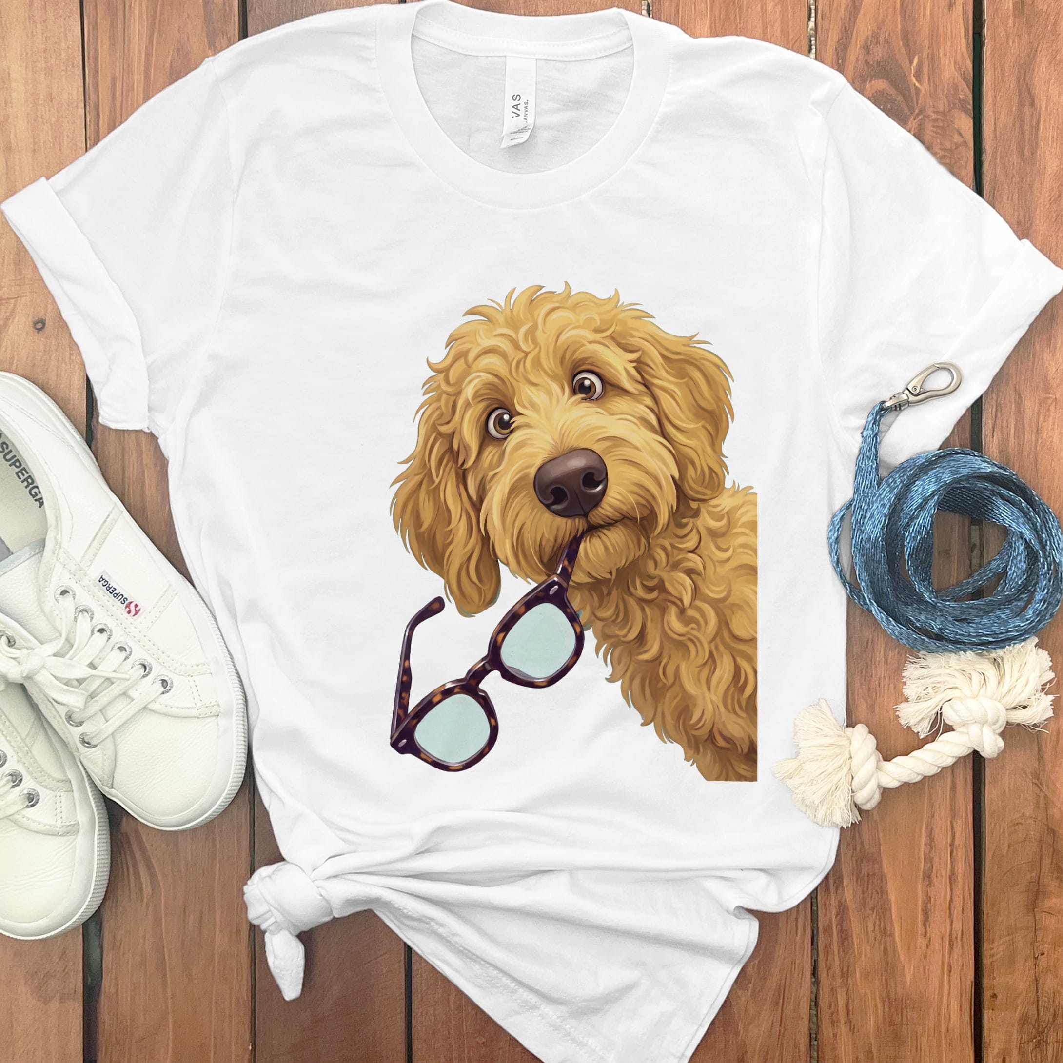 Golden Goldendoodle Stolen Glasses T-Shirt in White / S by Puppy Jo