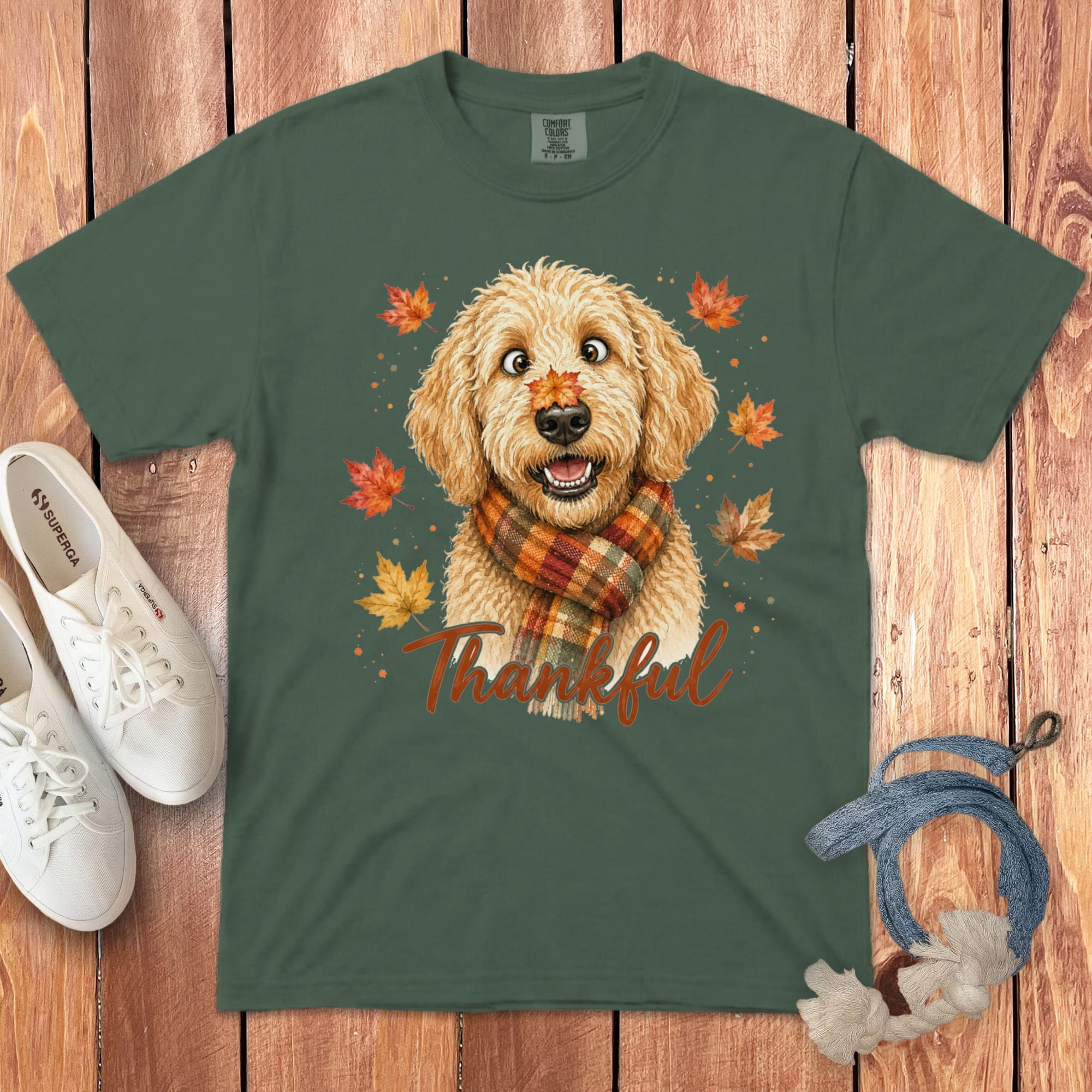 Golden Goldendoodle Thankful Signature T-Shirt in Blue Spruce / S by Puppy Jo