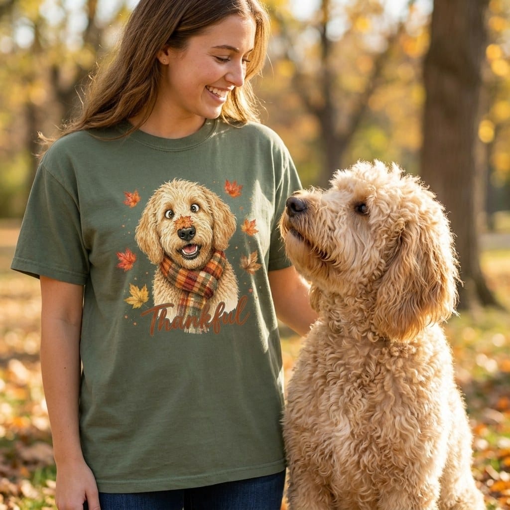Golden Goldendoodle Thankful Signature T-Shirt in by Puppy Jo