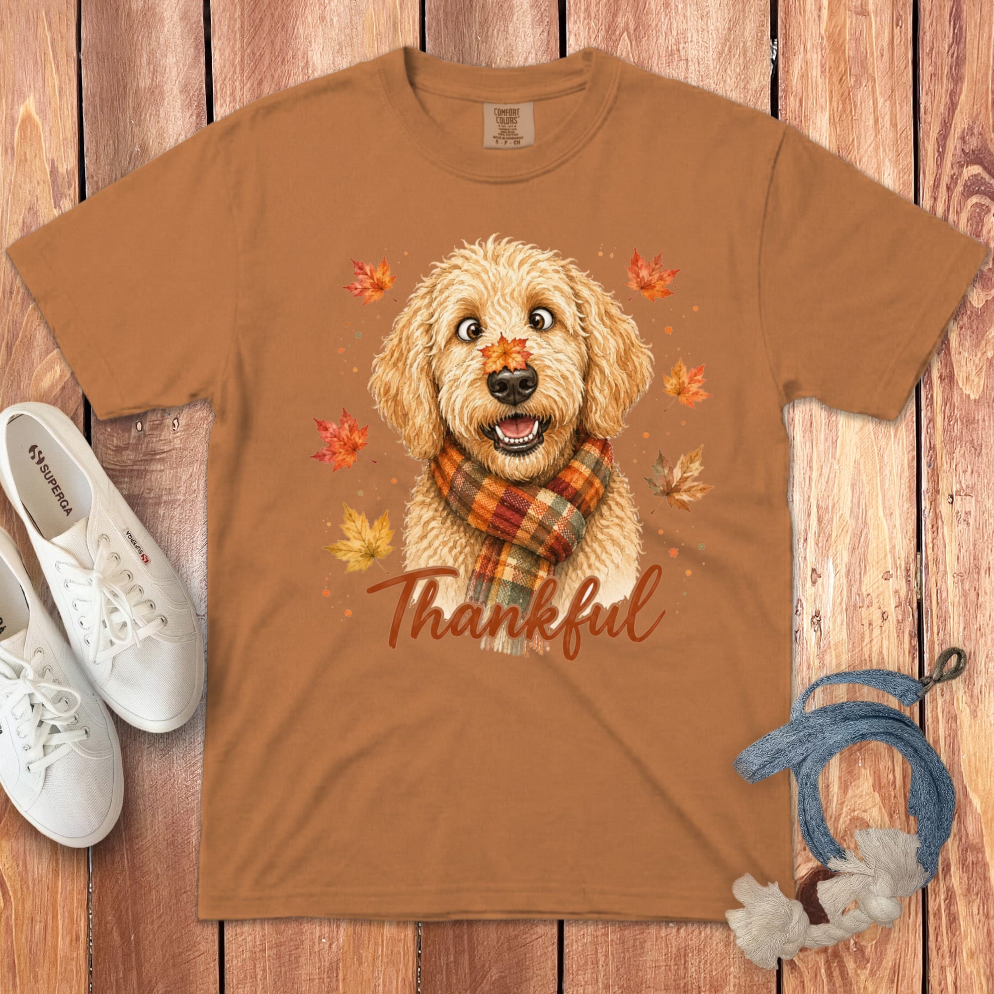 Golden Goldendoodle Thankful Signature T-Shirt in Yam / S by Puppy Jo