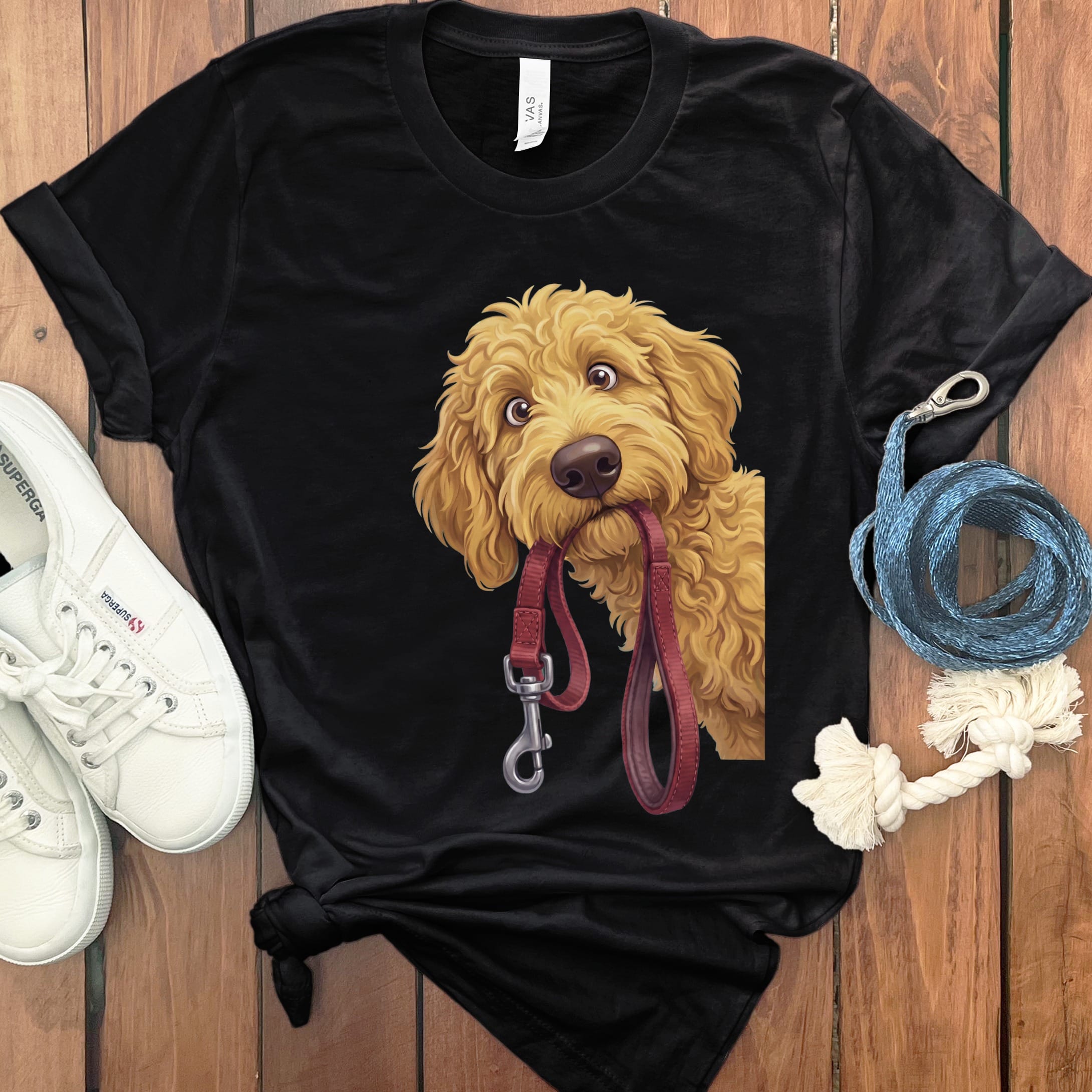 Golden Goldendoodle Walk T-Shirt in Black / S by Puppy Jo