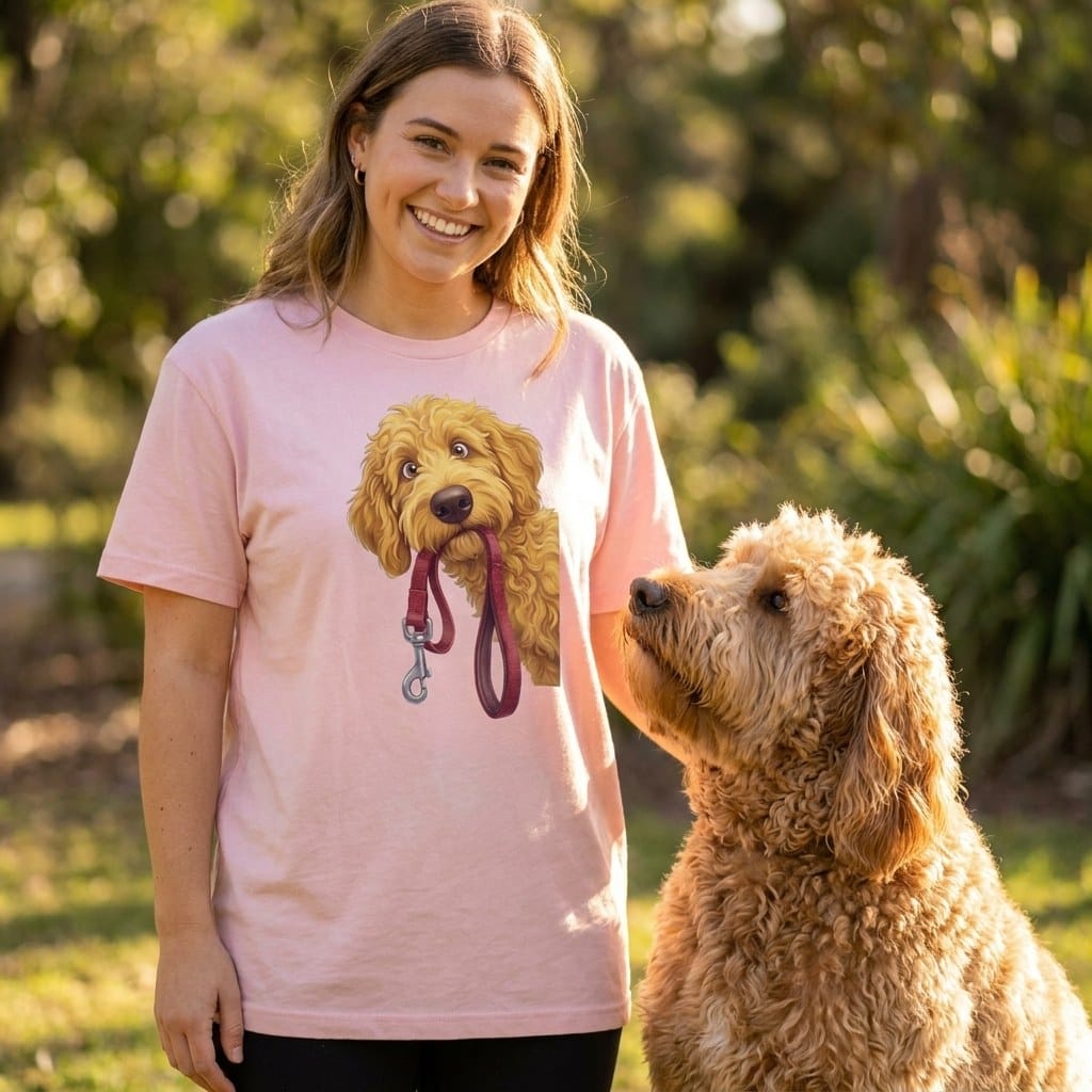 Golden Goldendoodle Walk T-Shirt in by Puppy Jo