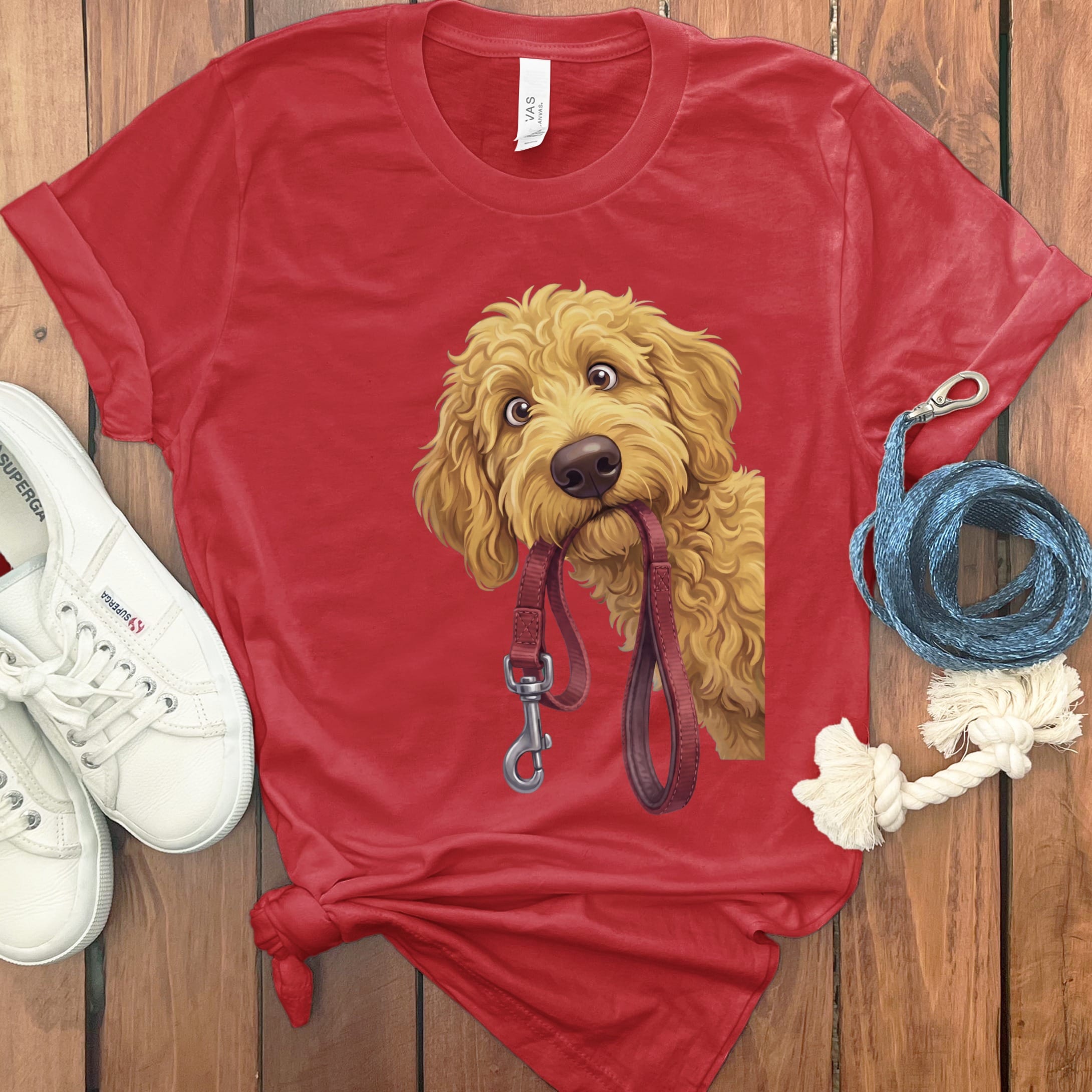 Golden Goldendoodle Walk T-Shirt in Red / S by Puppy Jo