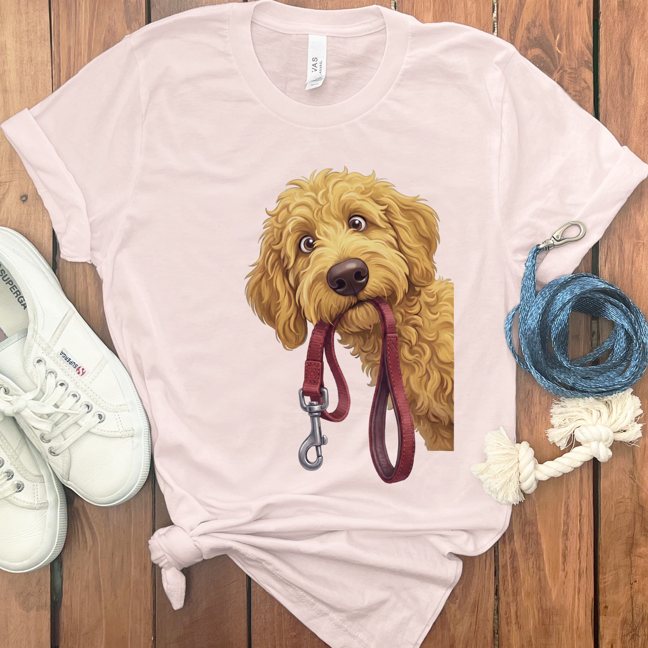 Golden Goldendoodle Walk T-Shirt in Soft Pink / S by Puppy Jo