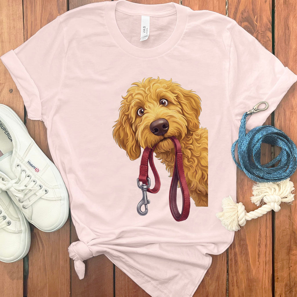 Golden Goldendoodle Walk T-Shirt in Soft Pink / S by Puppy Jo
