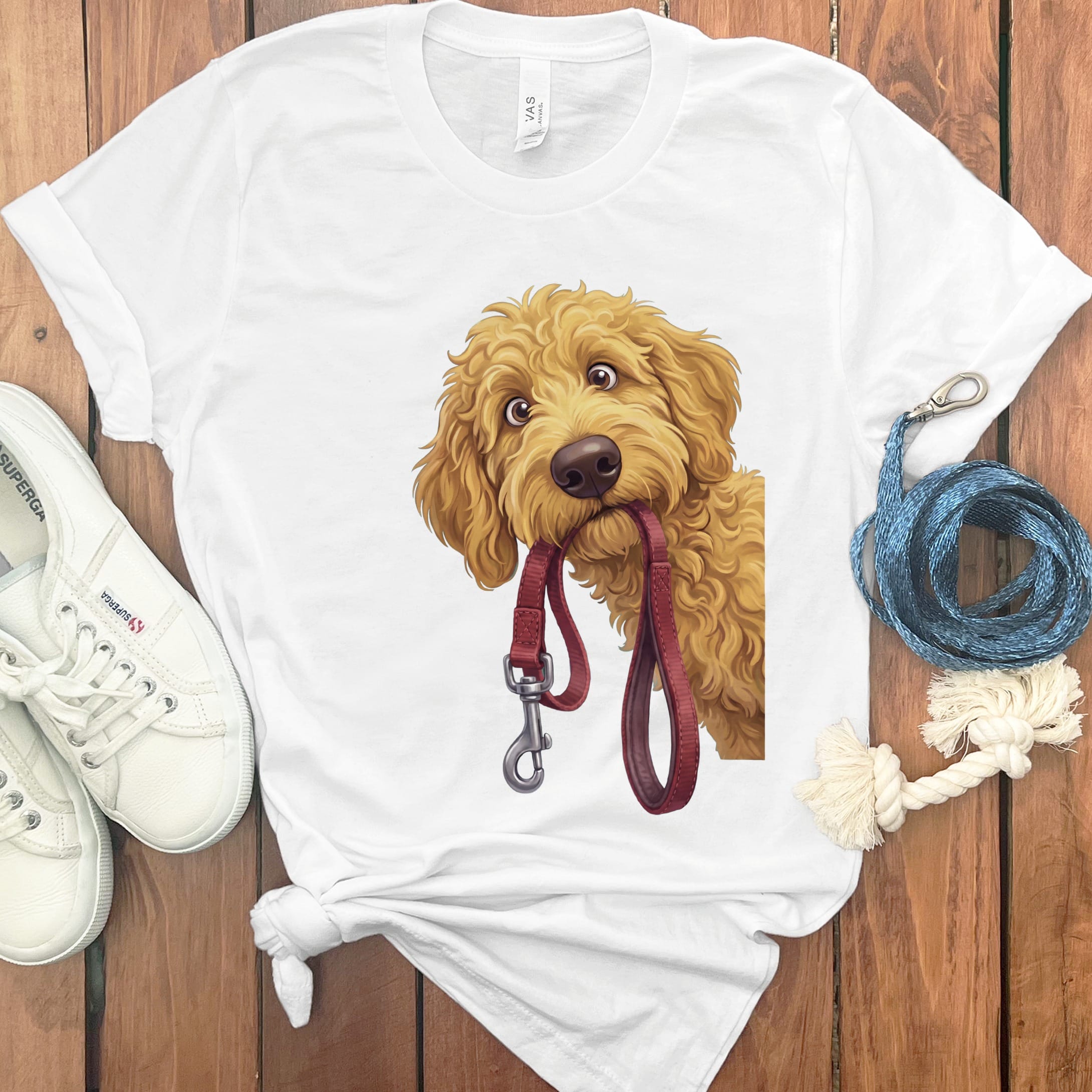 Golden Goldendoodle Walk T-Shirt in White / S by Puppy Jo