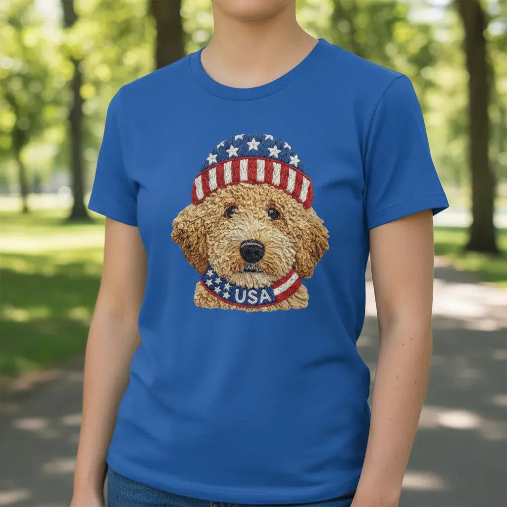 Golden Patriotic Cap Goldendoodle T-Shirt in by Puppy Jo