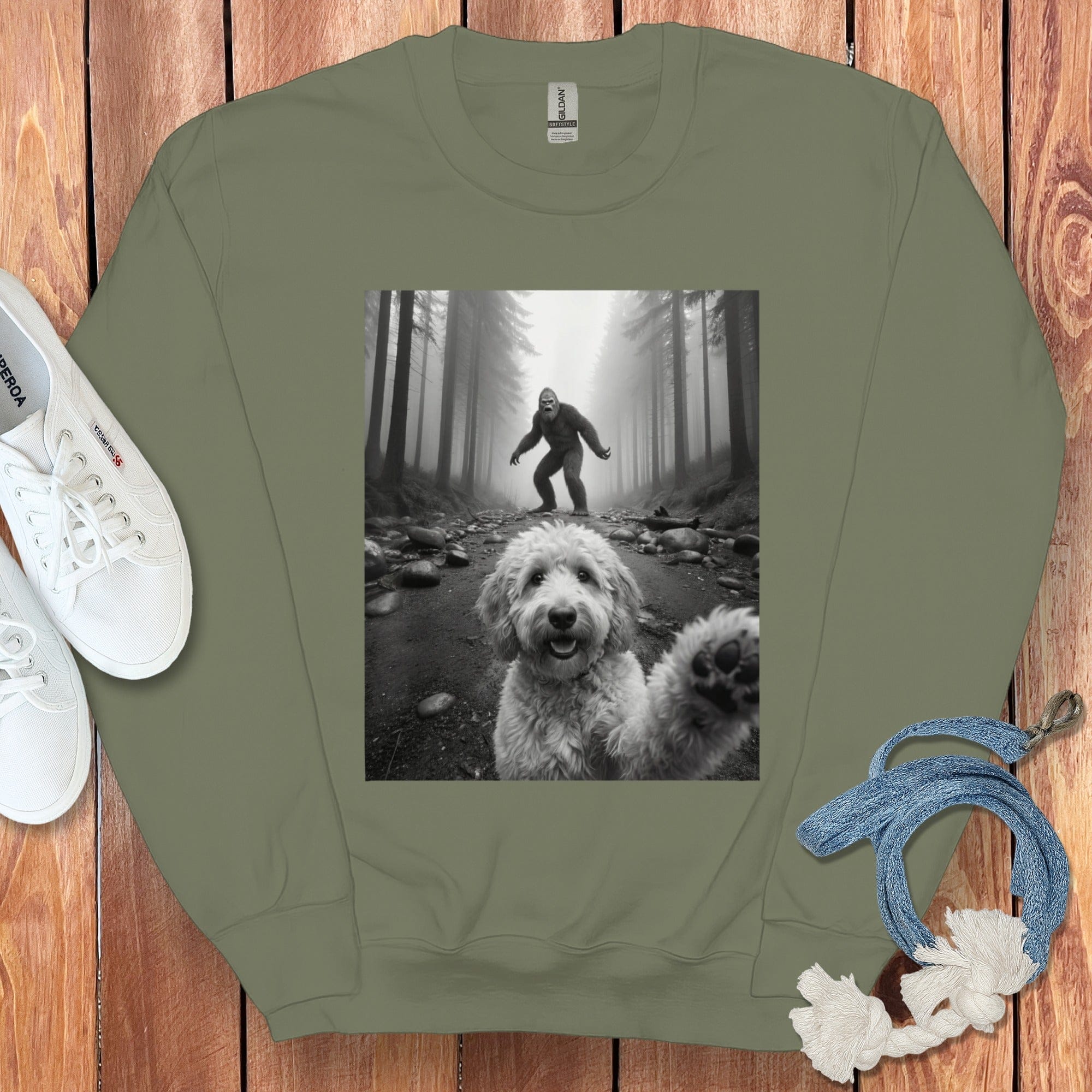 Goldendoodle Bigfoot Sweatshirt in Military Green / S by Puppy Jo