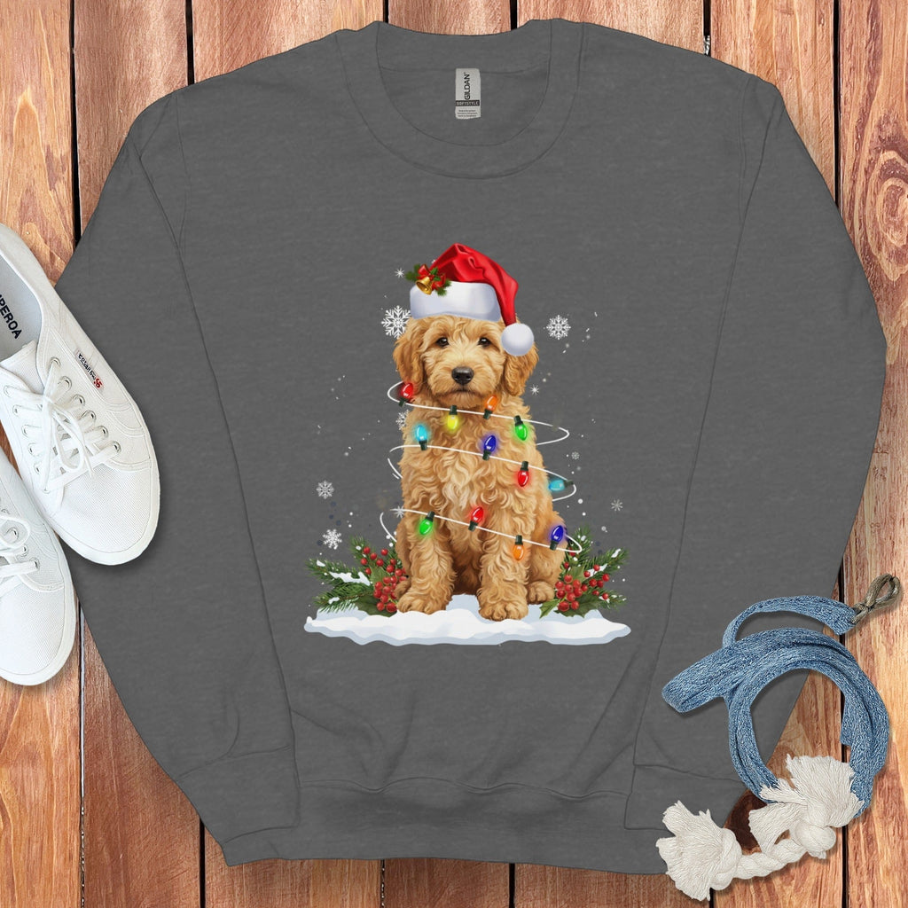 Goldendoodle Christmas Light Sweatshirt in Dark Heather / S by Puppy Jo