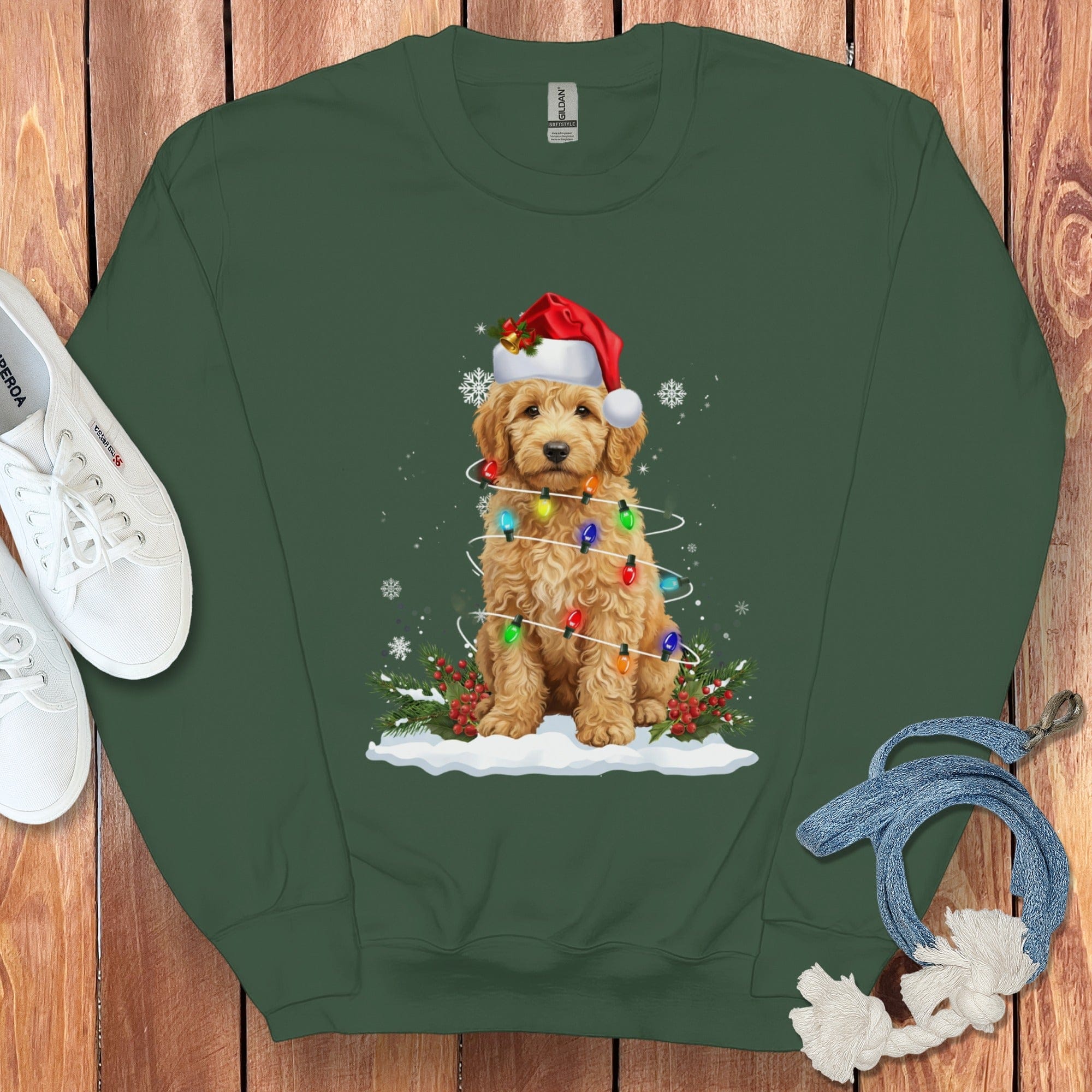 Goldendoodle Christmas Light Sweatshirt in Forest Green / S by Puppy Jo